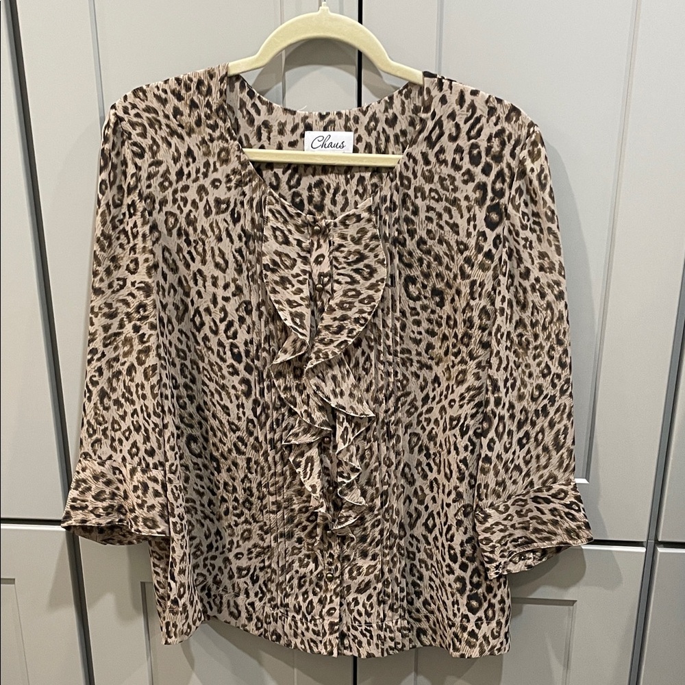 Chaus Leopard Print Ruffle Blouse